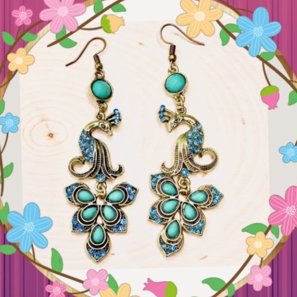 Peacock Earrings Blue And Bronze - Picture 1 of 3